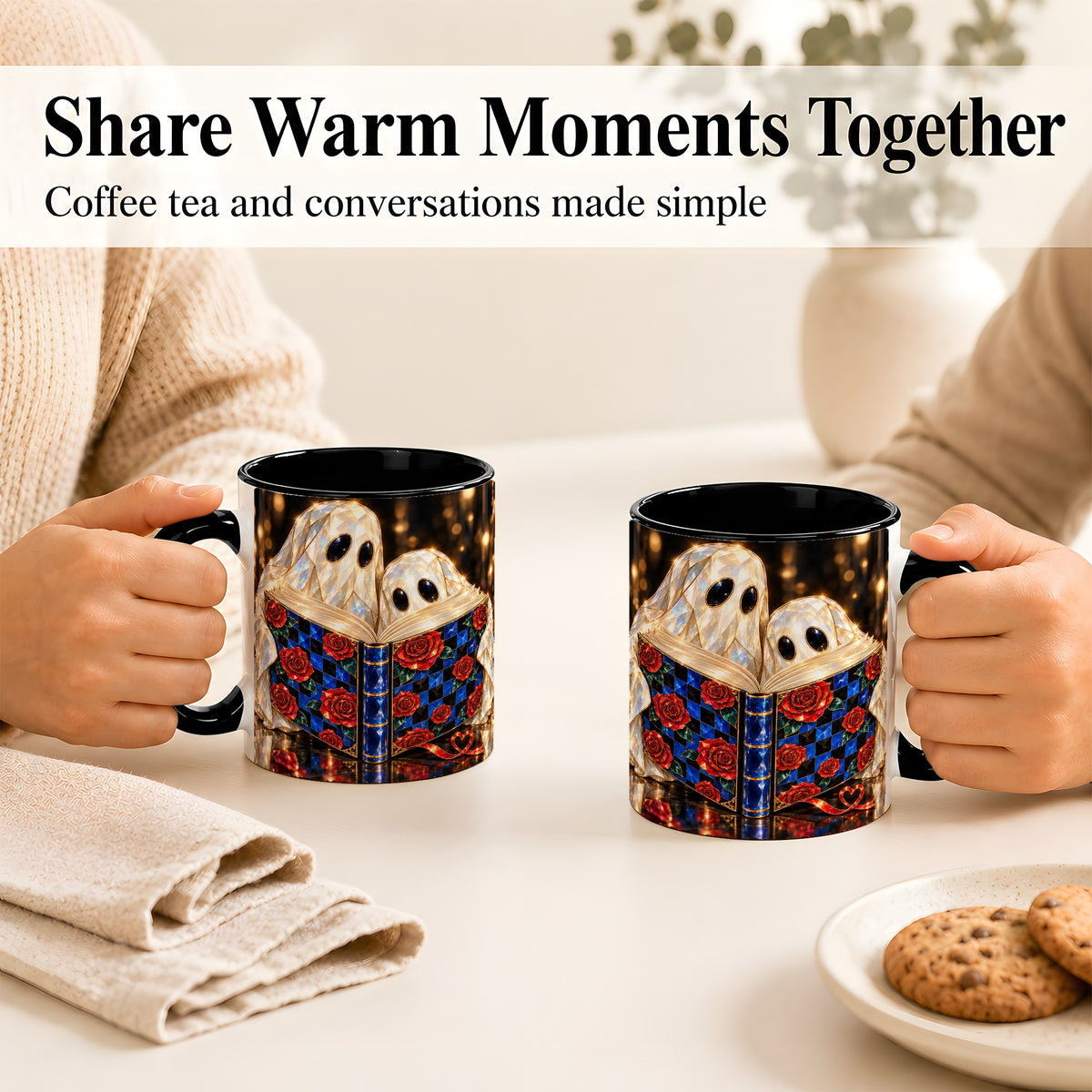 #pl[11oz|Black] Jewel Ghost Readers Coffee Mug, Rose Book Mug, Ceramic Cup