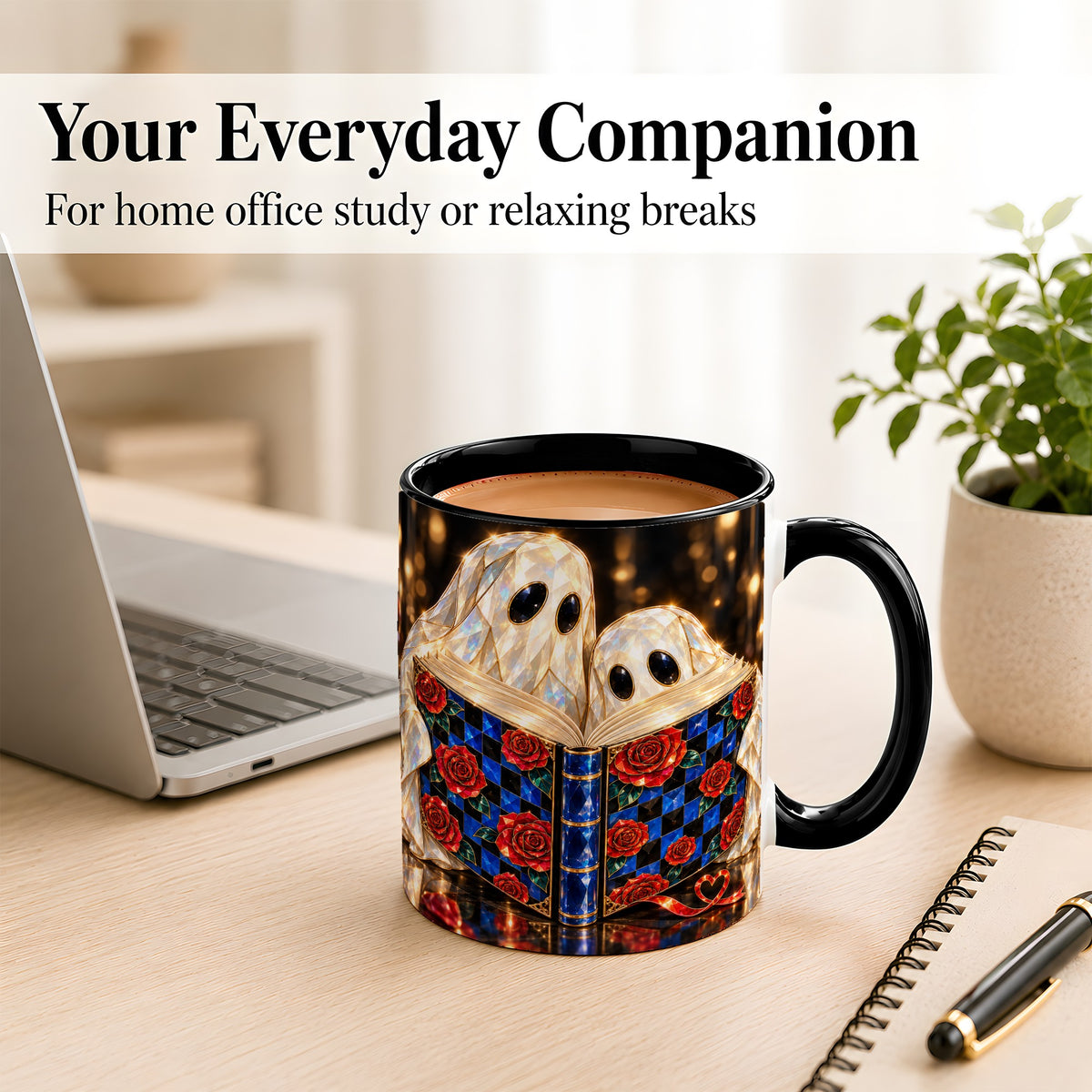 #pl[11oz|Black] Jewel Ghost Readers Coffee Mug, Rose Book Mug, Ceramic Cup