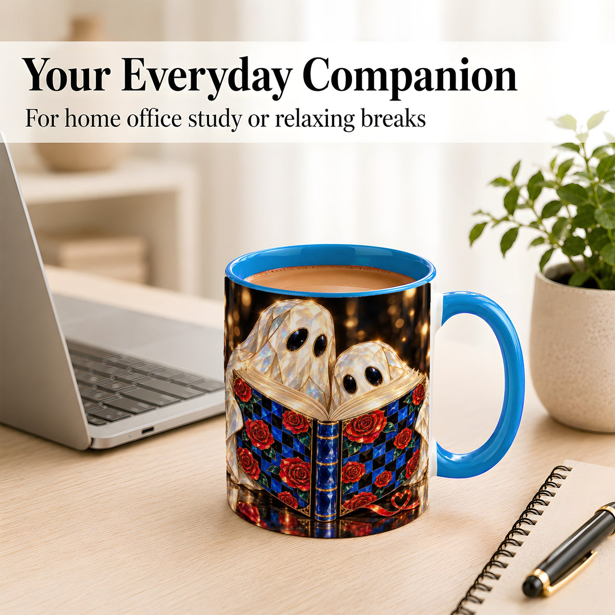 #pl[11oz|Blue] Jewel Ghost Readers Coffee Mug, Rose Book Mug, Ceramic Cup