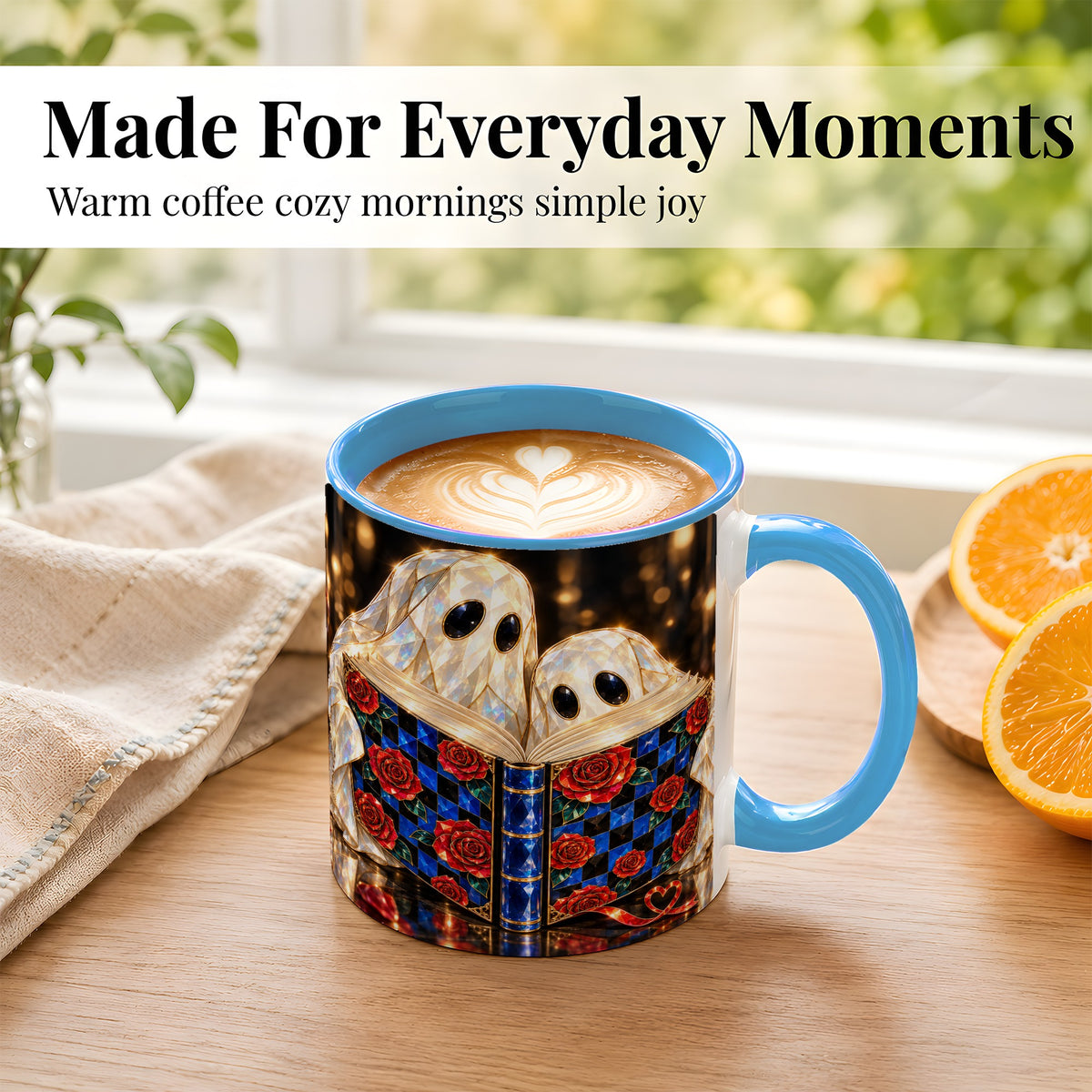 #pl[11oz|Blue] Jewel Ghost Readers Coffee Mug, Rose Book Mug, Ceramic Cup