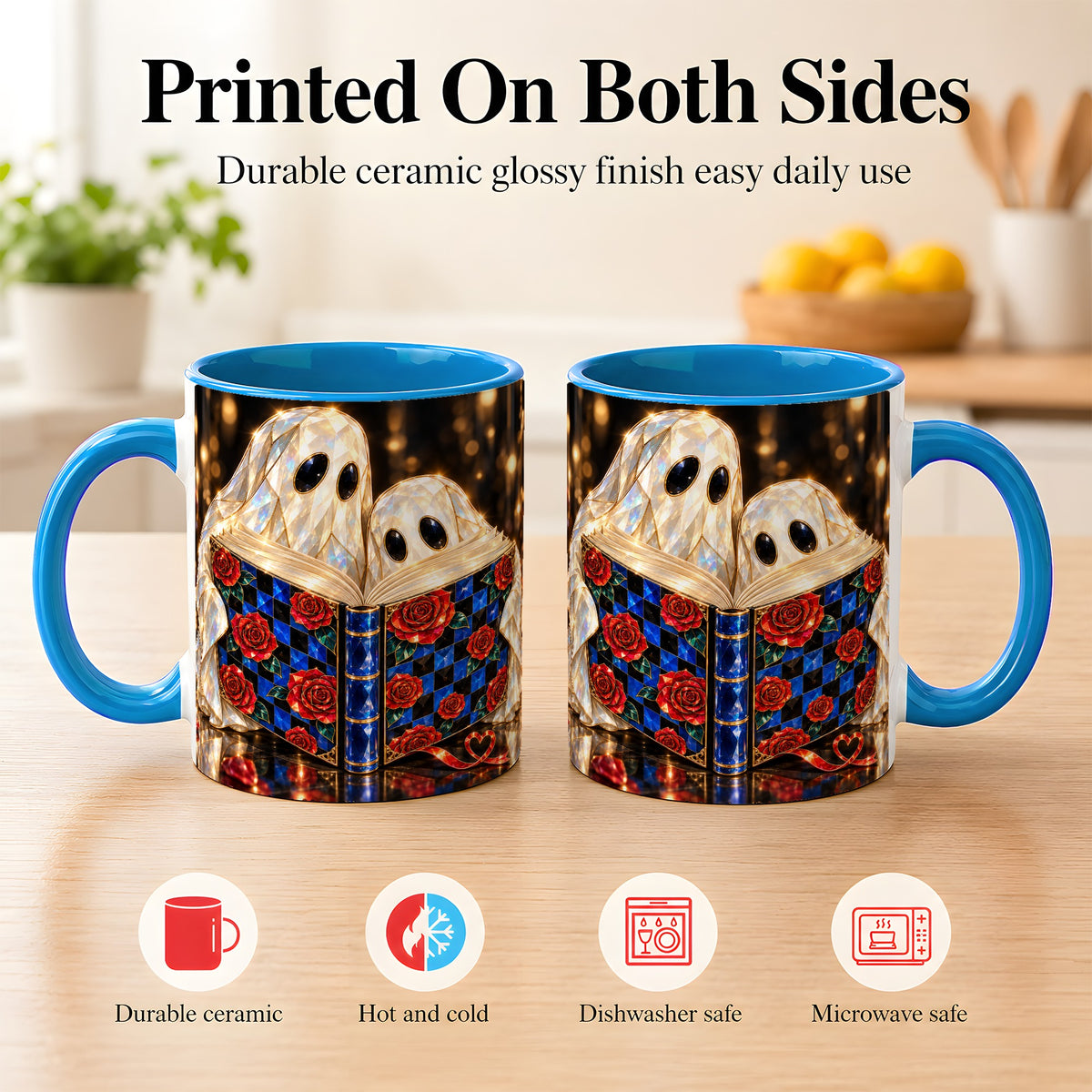 #pl[11oz|Blue] Jewel Ghost Readers Coffee Mug, Rose Book Mug, Ceramic Cup
