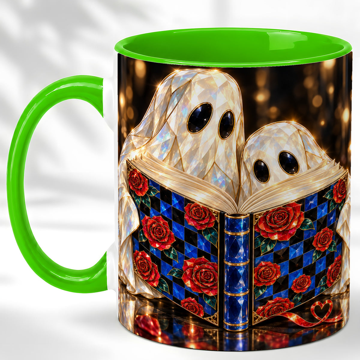 #pl[11oz|Green] Jewel Ghost Readers Coffee Mug, Rose Book Mug, Ceramic Cup