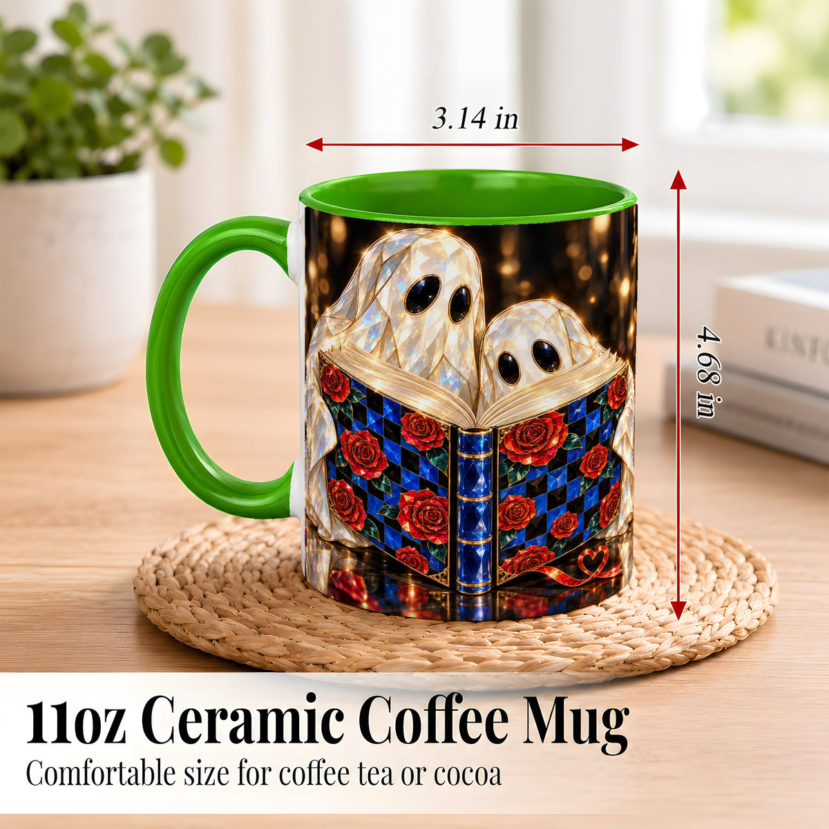 #pl[11oz|Green] Jewel Ghost Readers Coffee Mug, Rose Book Mug, Ceramic Cup