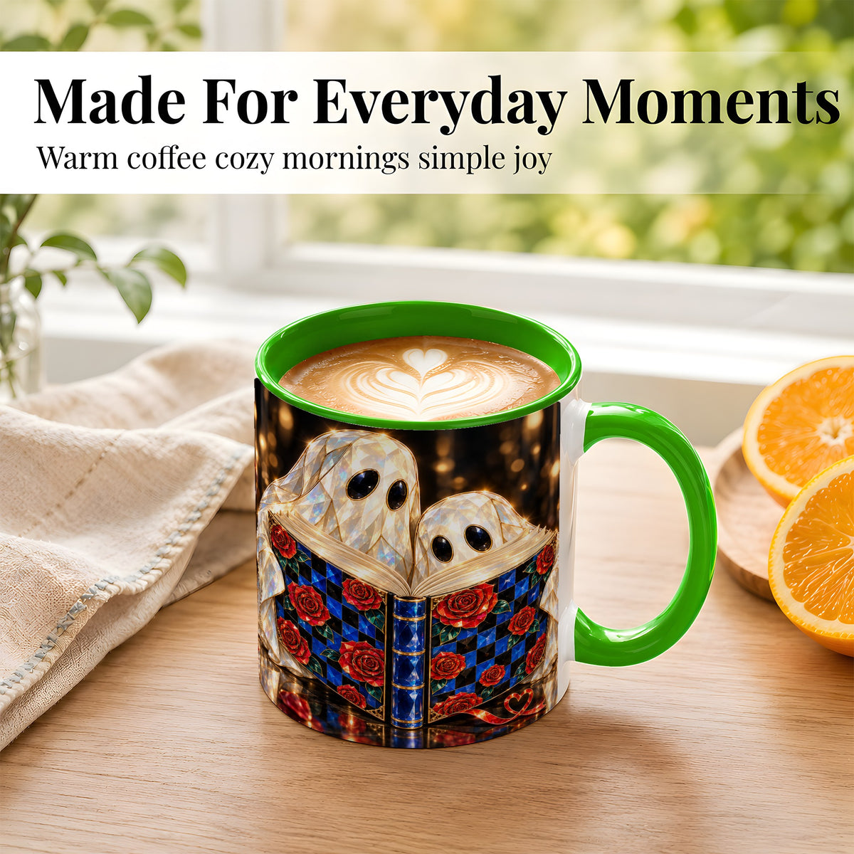 #pl[11oz|Green] Jewel Ghost Readers Coffee Mug, Rose Book Mug, Ceramic Cup