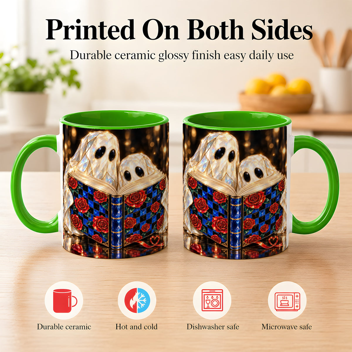 #pl[11oz|Green] Jewel Ghost Readers Coffee Mug, Rose Book Mug, Ceramic Cup