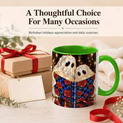 #pl[11oz|Green] Jewel Ghost Readers Coffee Mug, Rose Book Mug, Ceramic Cup
