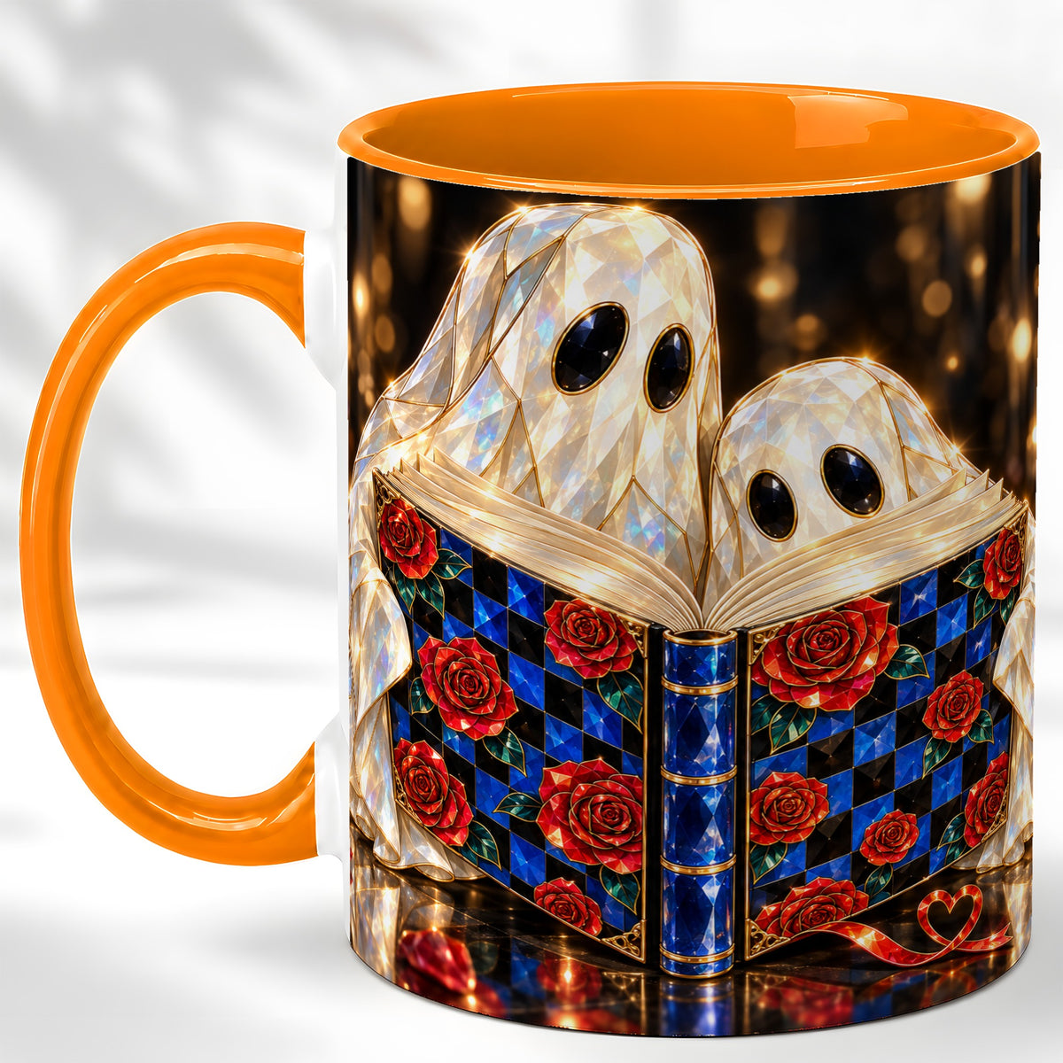 #pl[11oz|Orange] Jewel Ghost Readers Coffee Mug, Rose Book Mug, Ceramic Cup
