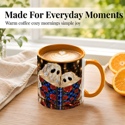 #pl[11oz|Orange] Jewel Ghost Readers Coffee Mug, Rose Book Mug, Ceramic Cup