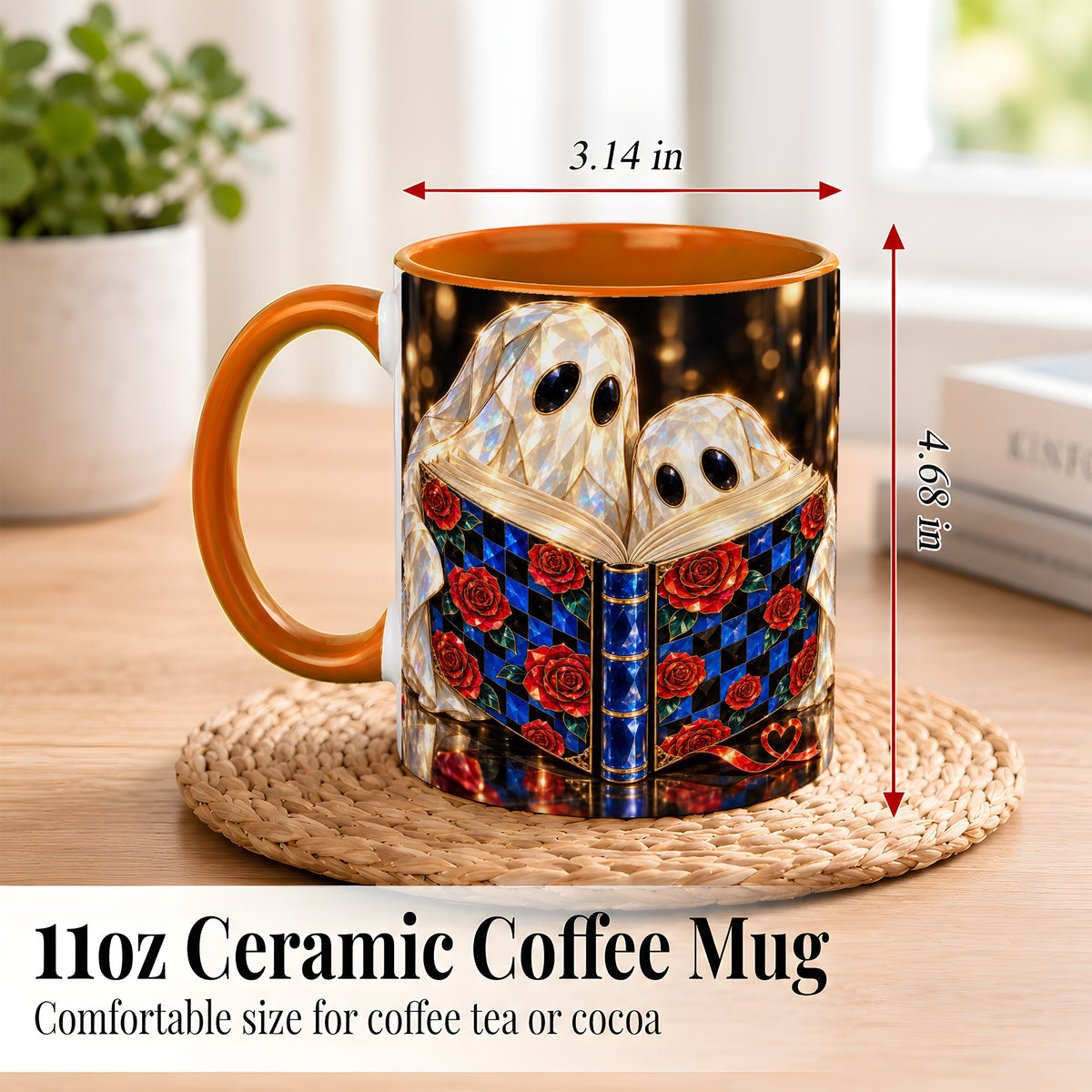 #pl[11oz|Orange] Jewel Ghost Readers Coffee Mug, Rose Book Mug, Ceramic Cup