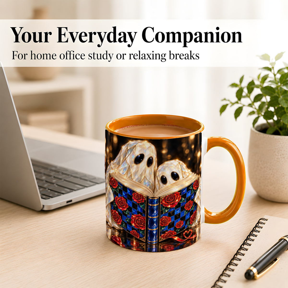 #pl[11oz|Orange] Jewel Ghost Readers Coffee Mug, Rose Book Mug, Ceramic Cup