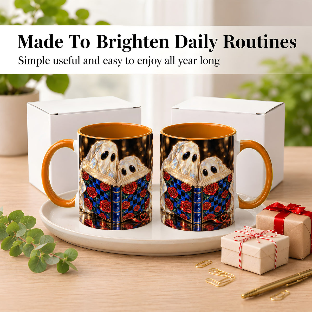 #pl[11oz|Orange] Jewel Ghost Readers Coffee Mug, Rose Book Mug, Ceramic Cup