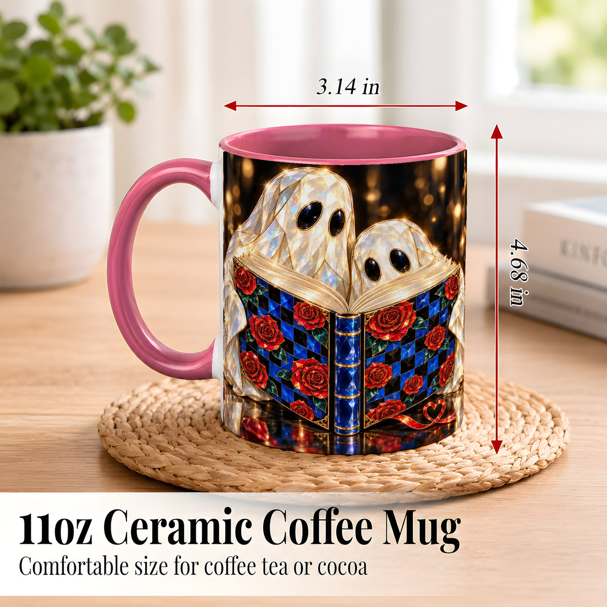 #pl[11oz|Pink] Jewel Ghost Readers Coffee Mug, Rose Book Mug, Ceramic Cup