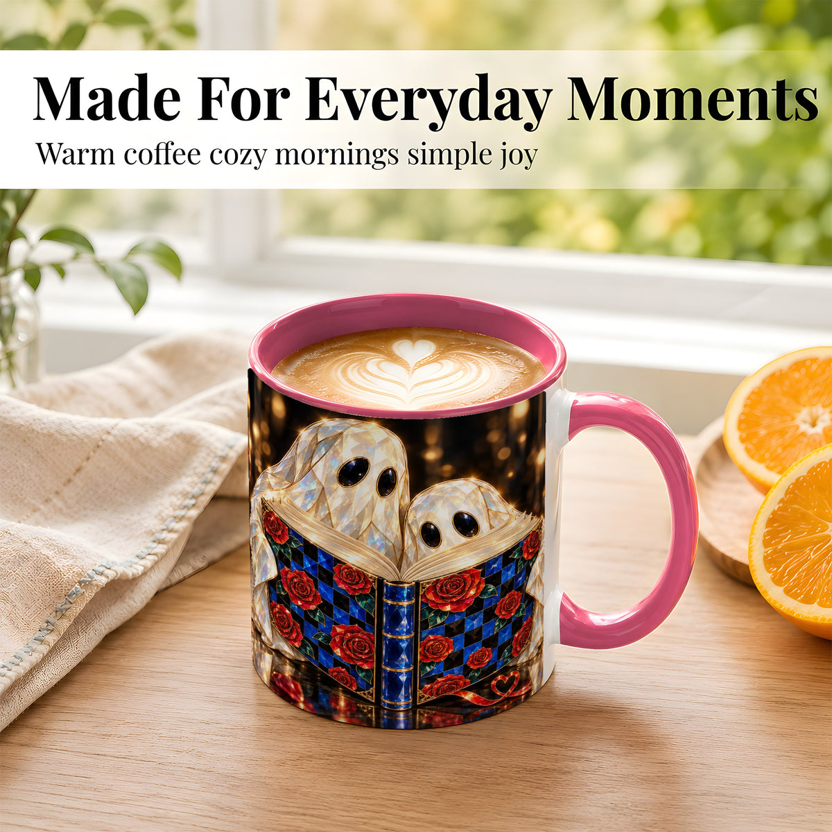 #pl[11oz|Pink] Jewel Ghost Readers Coffee Mug, Rose Book Mug, Ceramic Cup