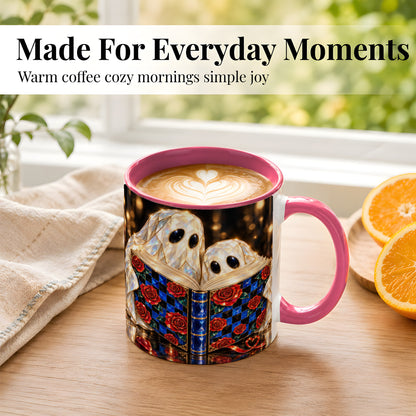 #pl[11oz|Pink] Jewel Ghost Readers Coffee Mug, Rose Book Mug, Ceramic Cup