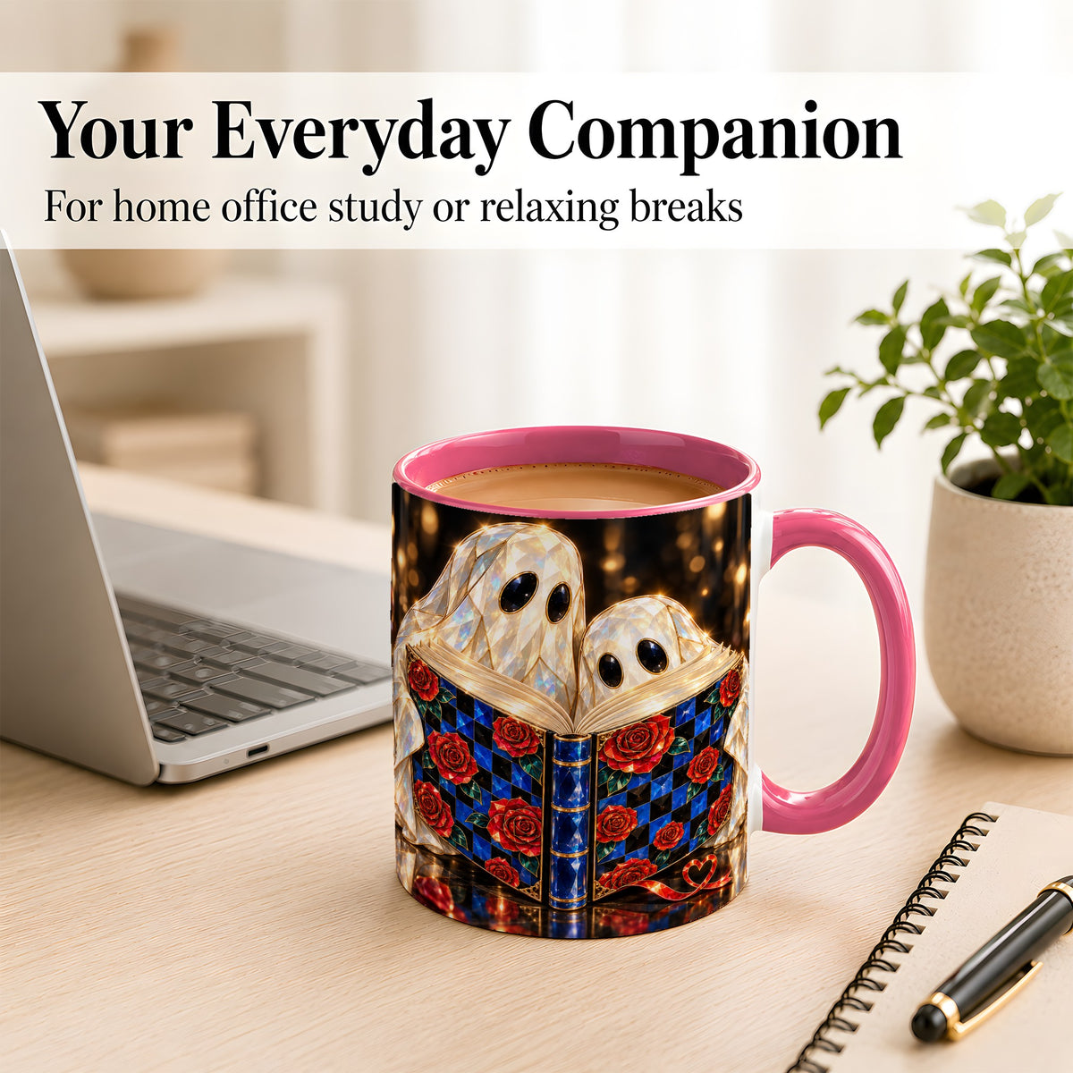 #pl[11oz|Pink] Jewel Ghost Readers Coffee Mug, Rose Book Mug, Ceramic Cup