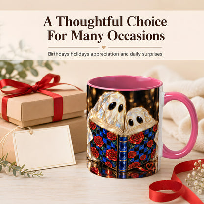 #pl[11oz|Pink] Jewel Ghost Readers Coffee Mug, Rose Book Mug, Ceramic Cup