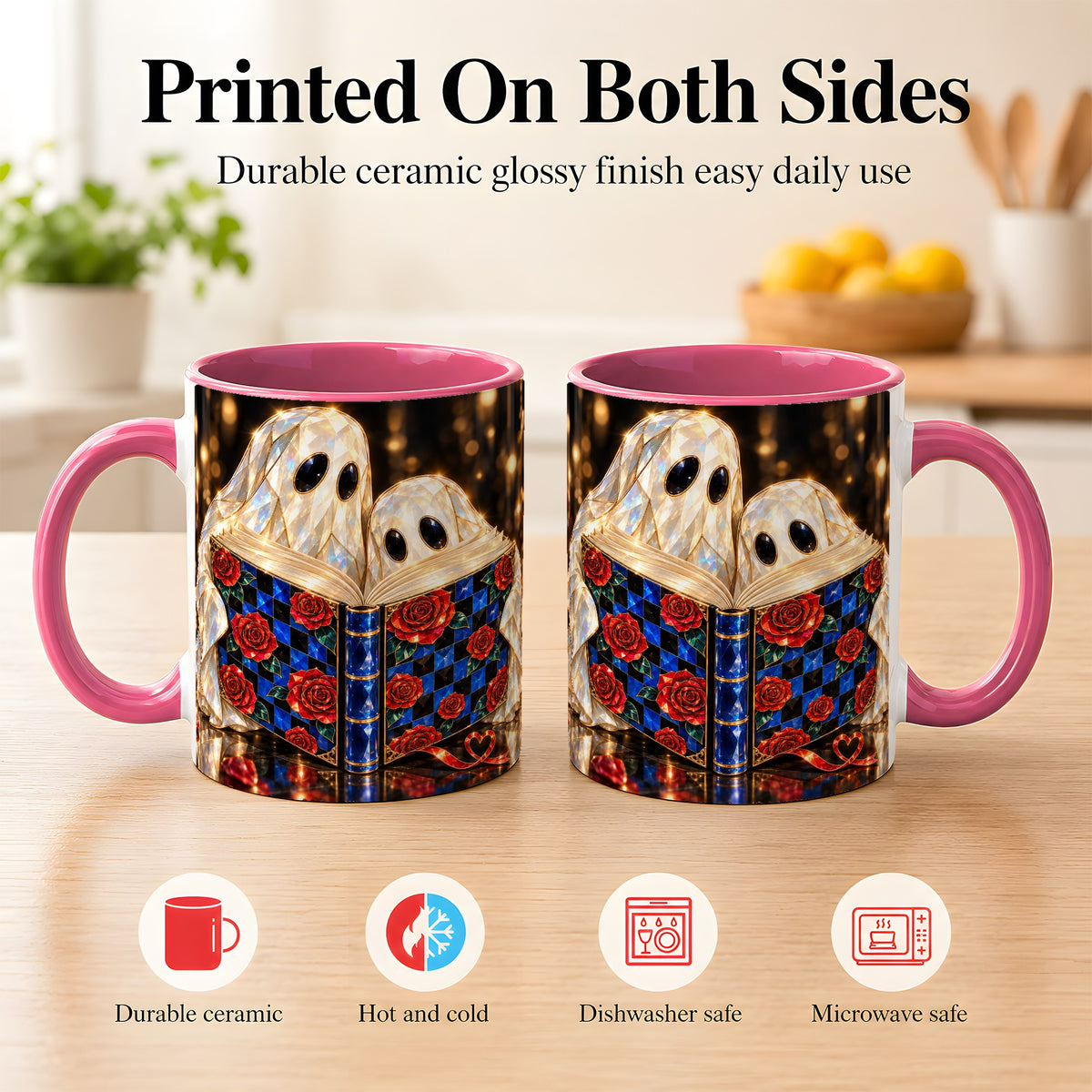 #pl[11oz|Pink] Jewel Ghost Readers Coffee Mug, Rose Book Mug, Ceramic Cup