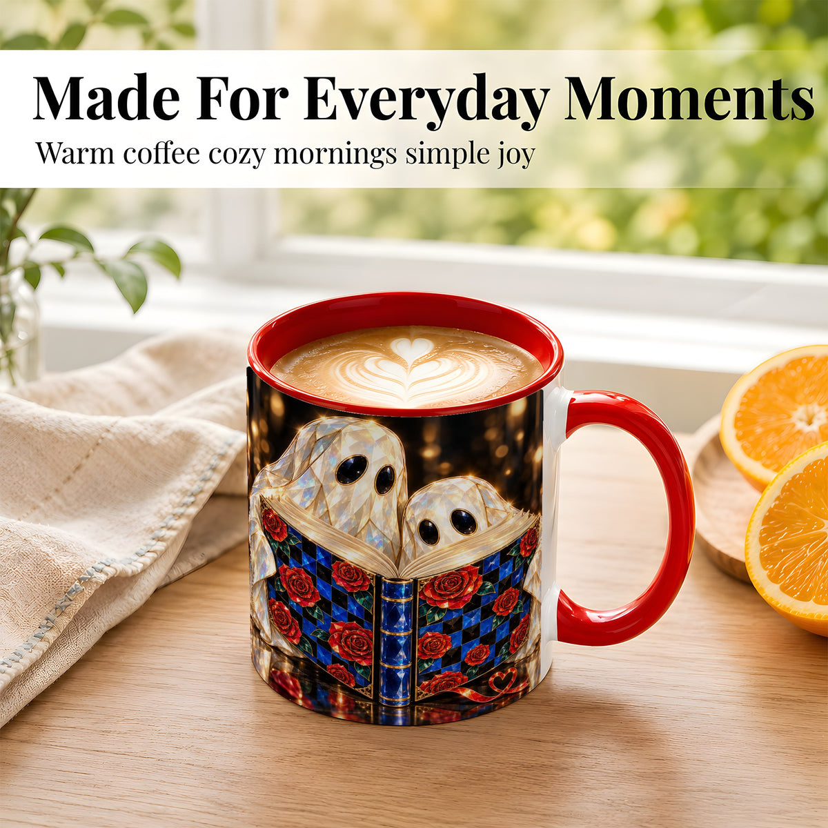 #pl[11oz|Red] Jewel Ghost Readers Coffee Mug, Rose Book Mug, Ceramic Cup
