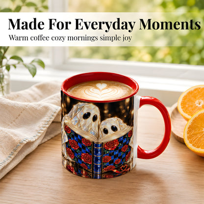 #pl[11oz|Red] Jewel Ghost Readers Coffee Mug, Rose Book Mug, Ceramic Cup