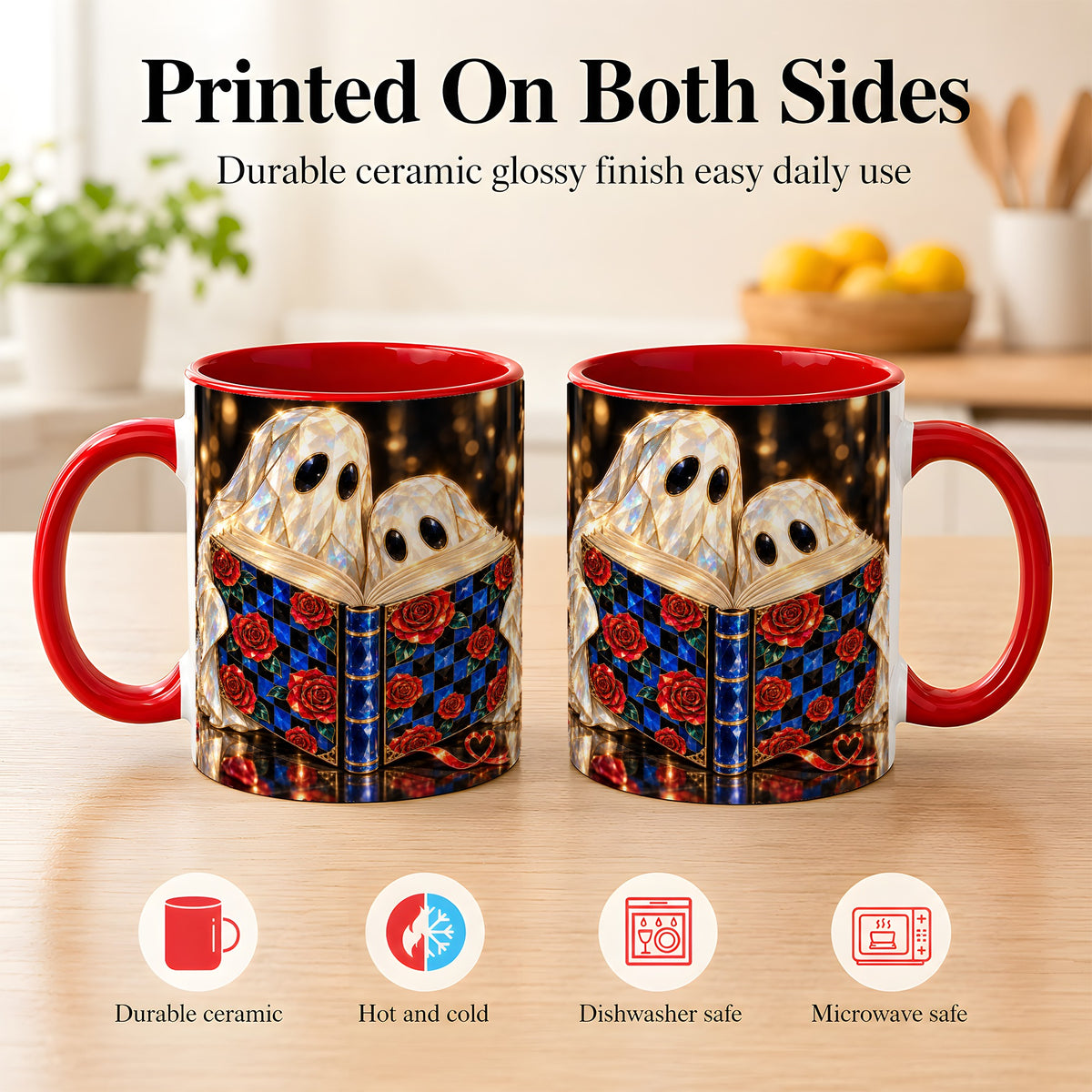 #pl[11oz|Red] Jewel Ghost Readers Coffee Mug, Rose Book Mug, Ceramic Cup