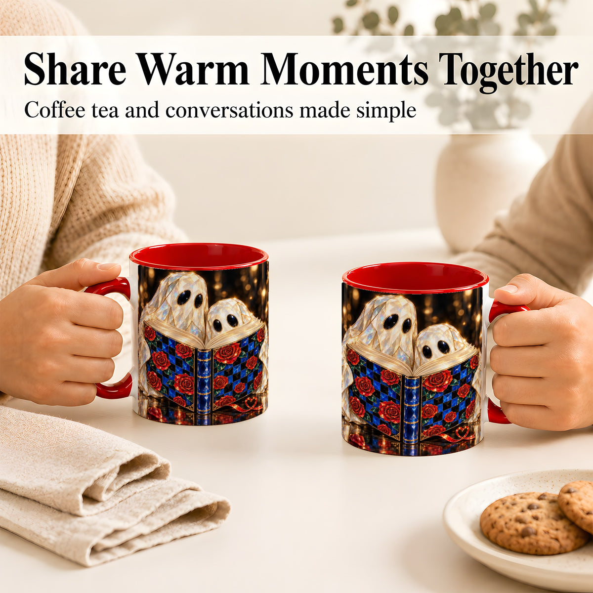 #pl[11oz|Red] Jewel Ghost Readers Coffee Mug, Rose Book Mug, Ceramic Cup