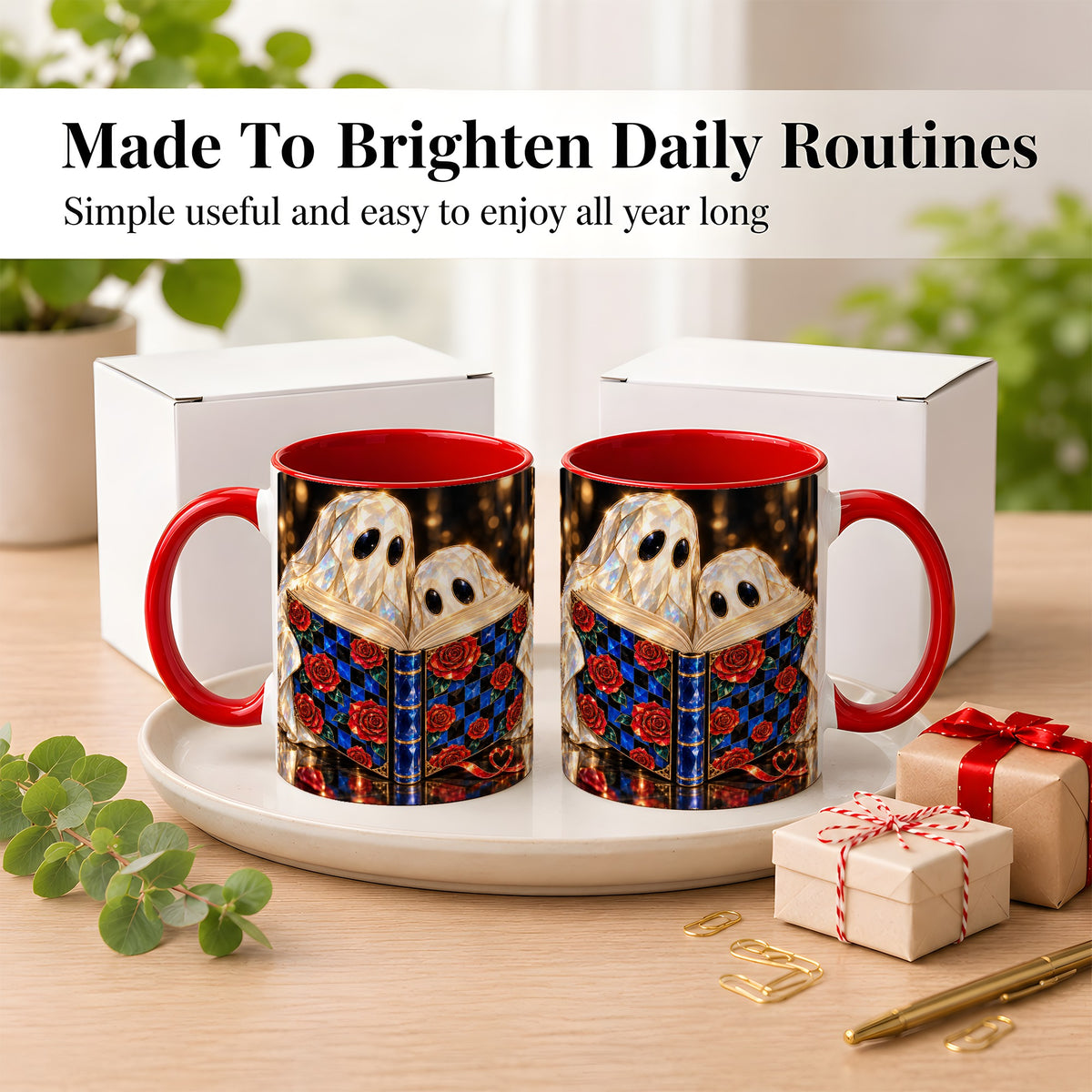 #pl[11oz|Red] Jewel Ghost Readers Coffee Mug, Rose Book Mug, Ceramic Cup