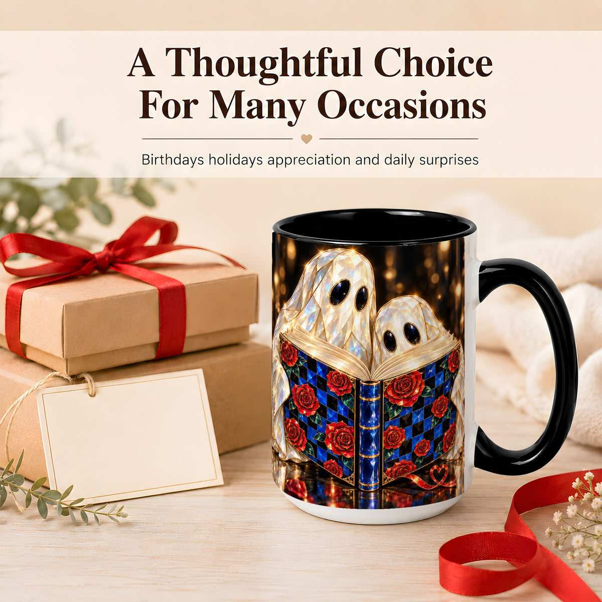 #pl[15oz|Black] Jewel Ghost Readers Coffee Mug, Rose Book Mug, Ceramic Cup