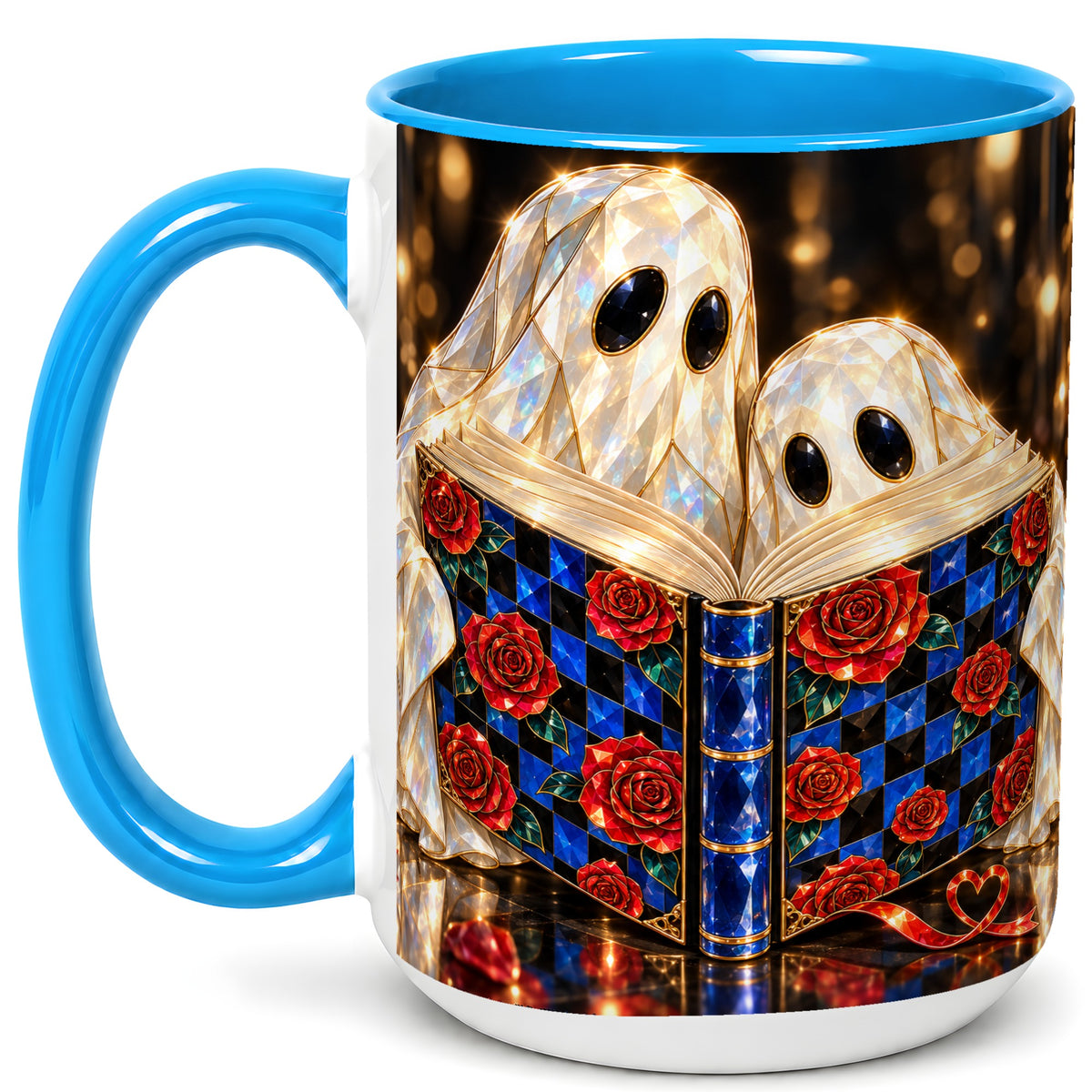 #pl[15oz|Blue] Jewel Ghost Readers Coffee Mug, Rose Book Mug, Ceramic Cup