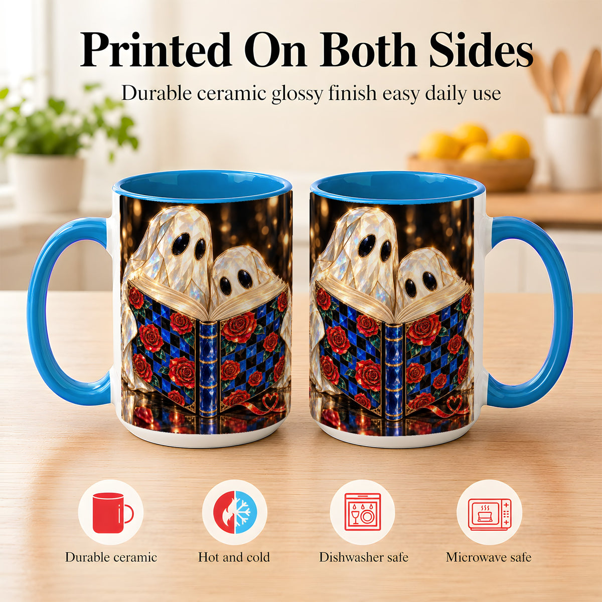 #pl[15oz|Blue] Jewel Ghost Readers Coffee Mug, Rose Book Mug, Ceramic Cup