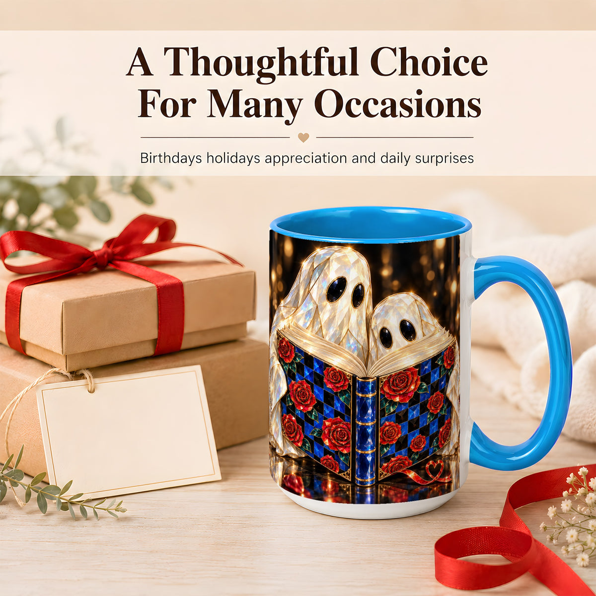 #pl[15oz|Blue] Jewel Ghost Readers Coffee Mug, Rose Book Mug, Ceramic Cup