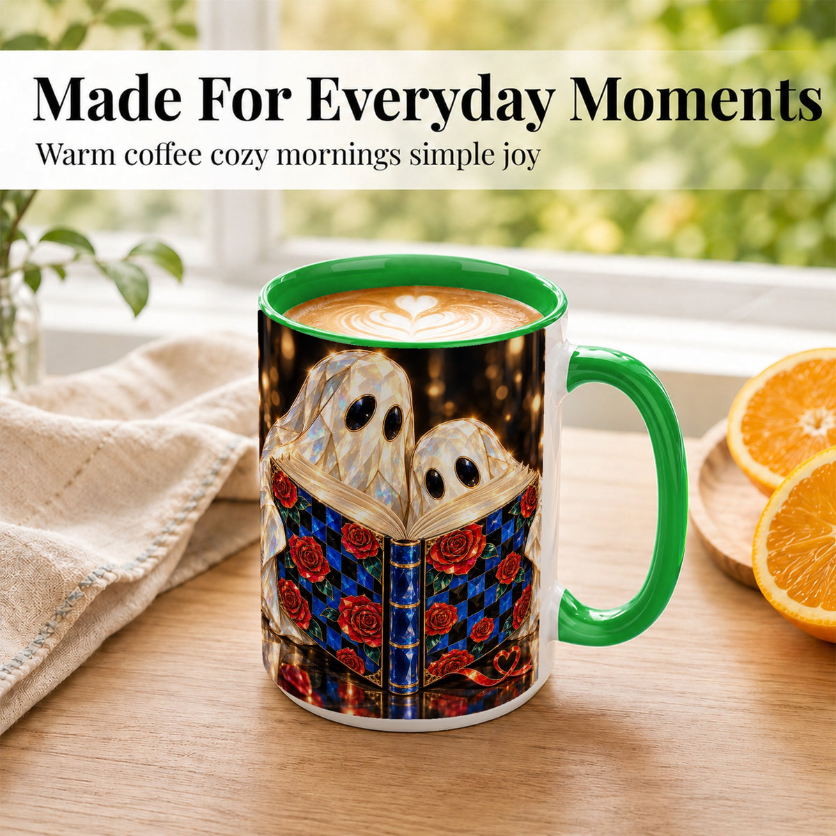#pl[15oz|Green] Jewel Ghost Readers Coffee Mug, Rose Book Mug, Ceramic Cup