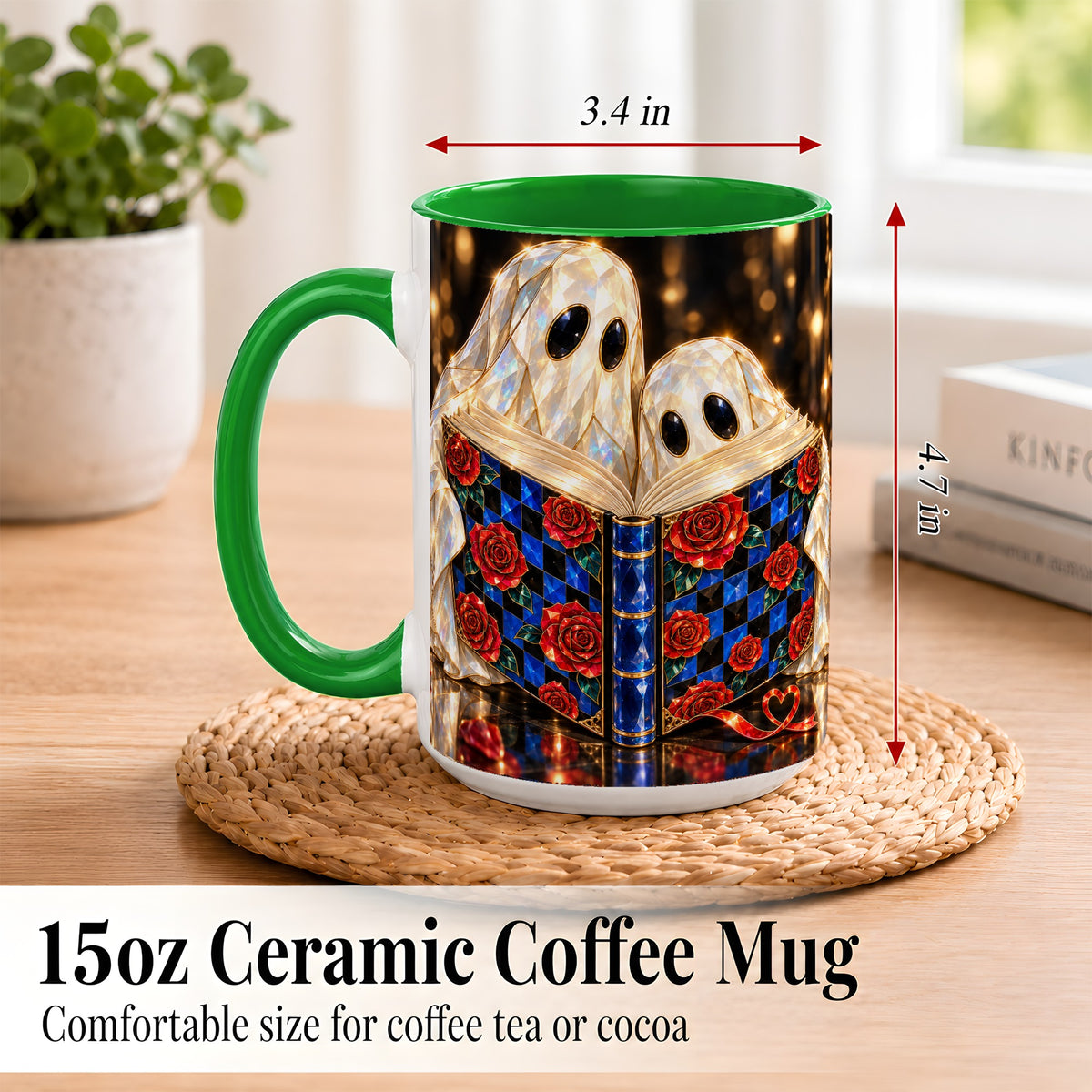 #pl[15oz|Green] Jewel Ghost Readers Coffee Mug, Rose Book Mug, Ceramic Cup