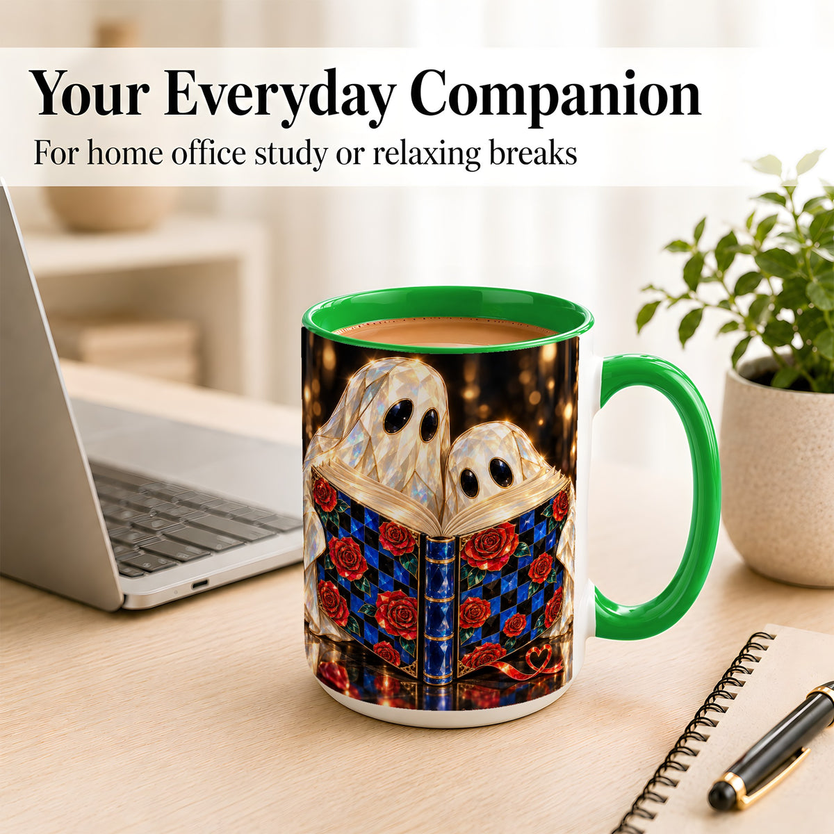 #pl[15oz|Green] Jewel Ghost Readers Coffee Mug, Rose Book Mug, Ceramic Cup