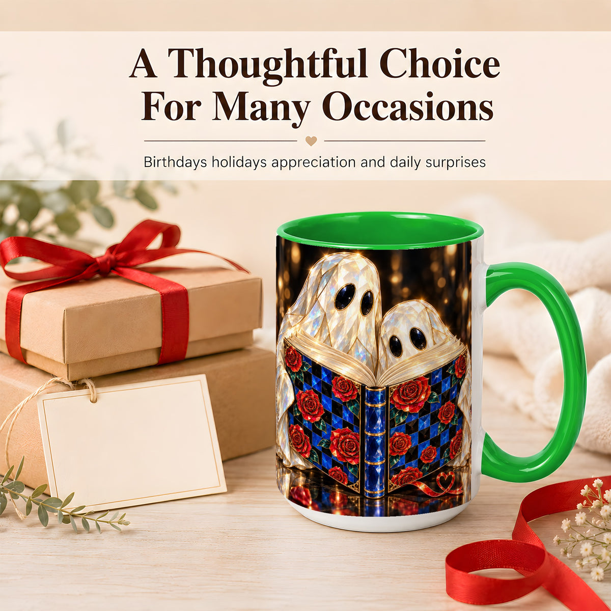 #pl[15oz|Green] Jewel Ghost Readers Coffee Mug, Rose Book Mug, Ceramic Cup