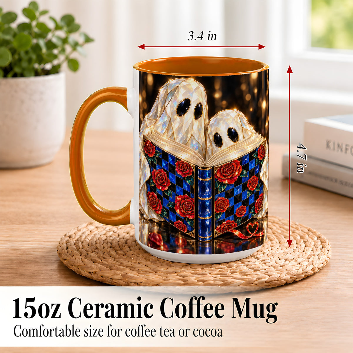 #pl[15oz|Orange] Jewel Ghost Readers Coffee Mug, Rose Book Mug, Ceramic Cup