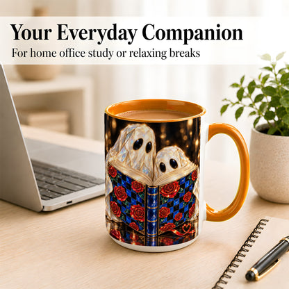 #pl[15oz|Orange] Jewel Ghost Readers Coffee Mug, Rose Book Mug, Ceramic Cup