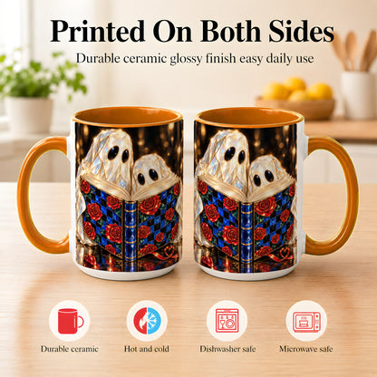 #pl[15oz|Orange] Jewel Ghost Readers Coffee Mug, Rose Book Mug, Ceramic Cup