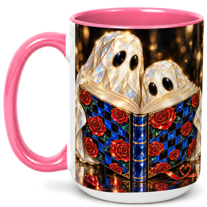 #pl[15oz|Pink] Jewel Ghost Readers Coffee Mug, Rose Book Mug, Ceramic Cup