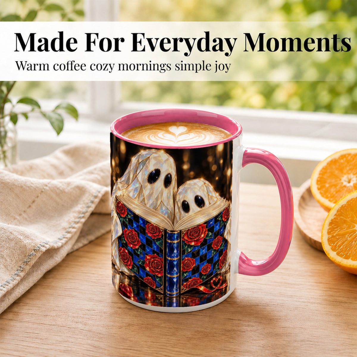 #pl[15oz|Pink] Jewel Ghost Readers Coffee Mug, Rose Book Mug, Ceramic Cup