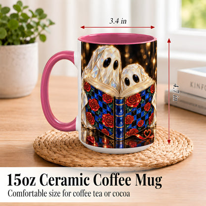 #pl[15oz|Pink] Jewel Ghost Readers Coffee Mug, Rose Book Mug, Ceramic Cup