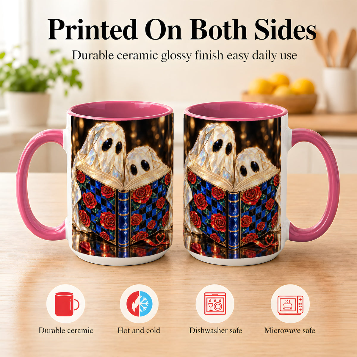 #pl[15oz|Pink] Jewel Ghost Readers Coffee Mug, Rose Book Mug, Ceramic Cup