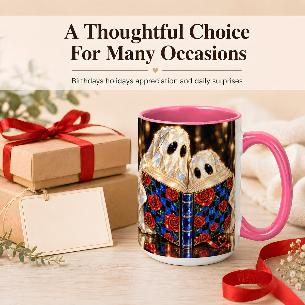 #pl[15oz|Pink] Jewel Ghost Readers Coffee Mug, Rose Book Mug, Ceramic Cup