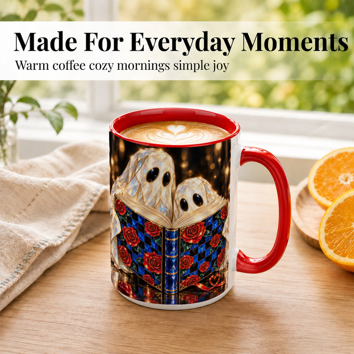 #pl[15oz|Red] Jewel Ghost Readers Coffee Mug, Rose Book Mug, Ceramic Cup