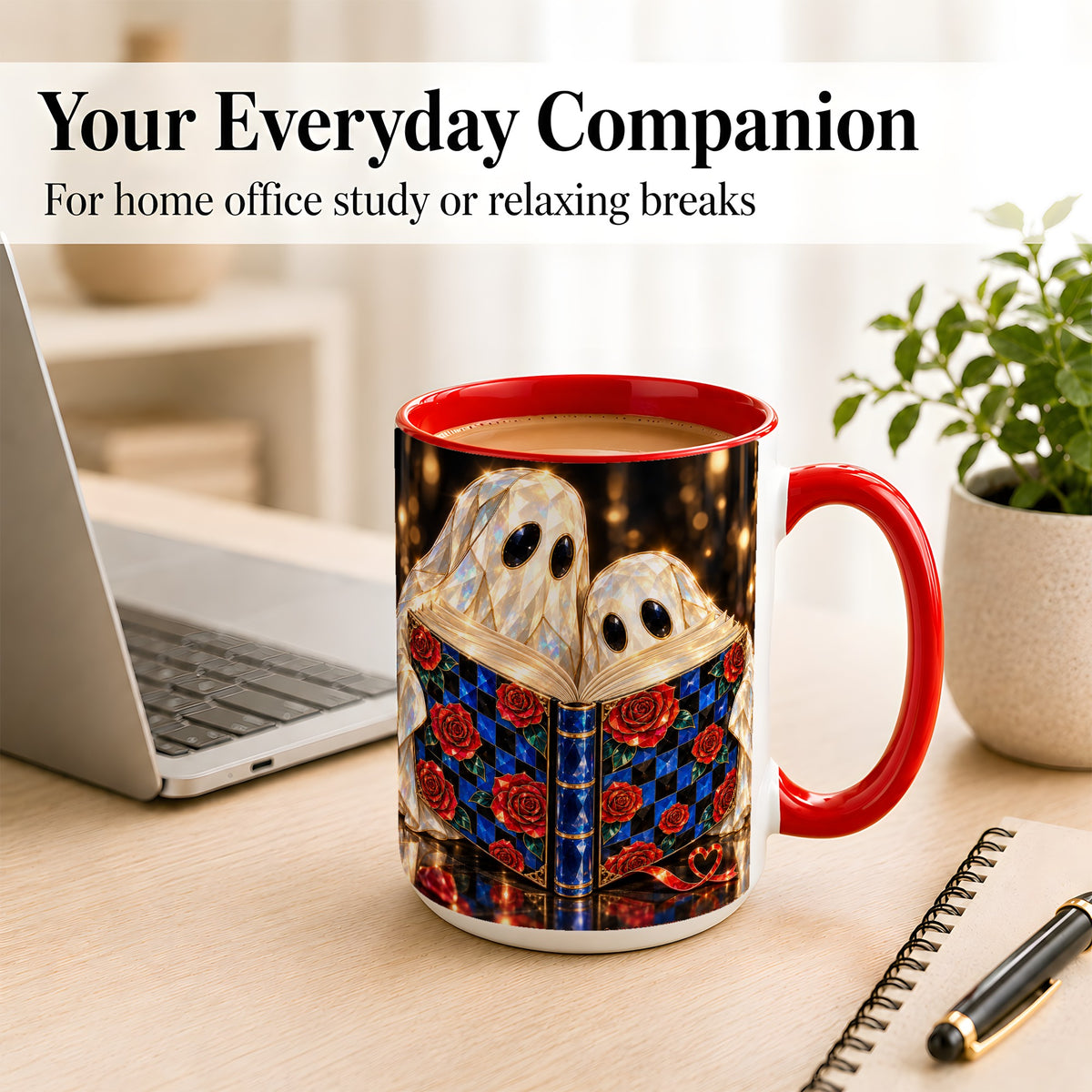 #pl[15oz|Red] Jewel Ghost Readers Coffee Mug, Rose Book Mug, Ceramic Cup