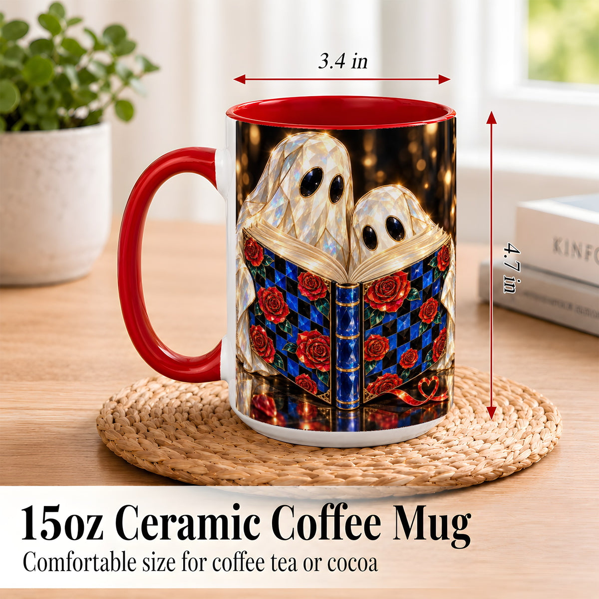 #pl[15oz|Red] Jewel Ghost Readers Coffee Mug, Rose Book Mug, Ceramic Cup