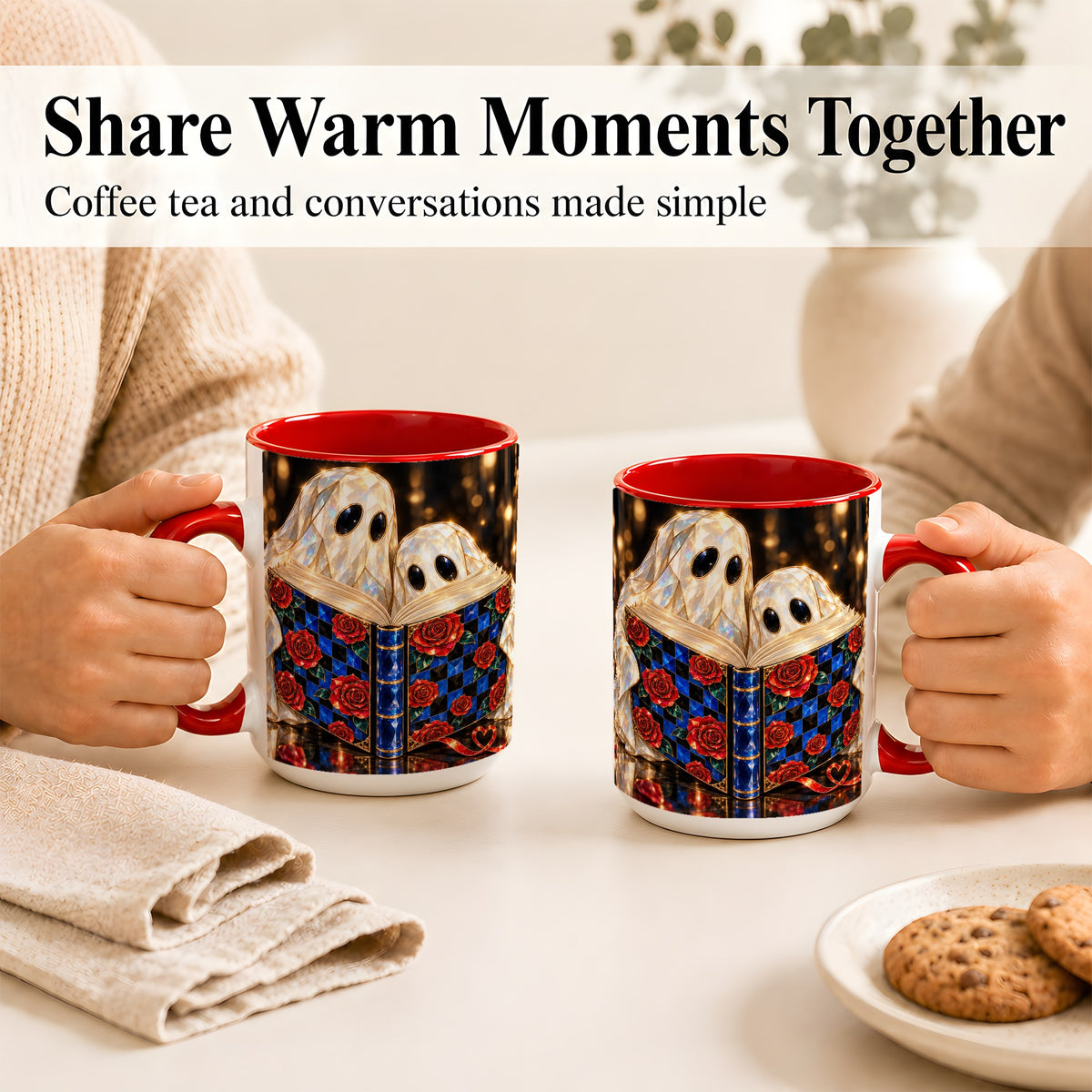 #pl[15oz|Red] Jewel Ghost Readers Coffee Mug, Rose Book Mug, Ceramic Cup