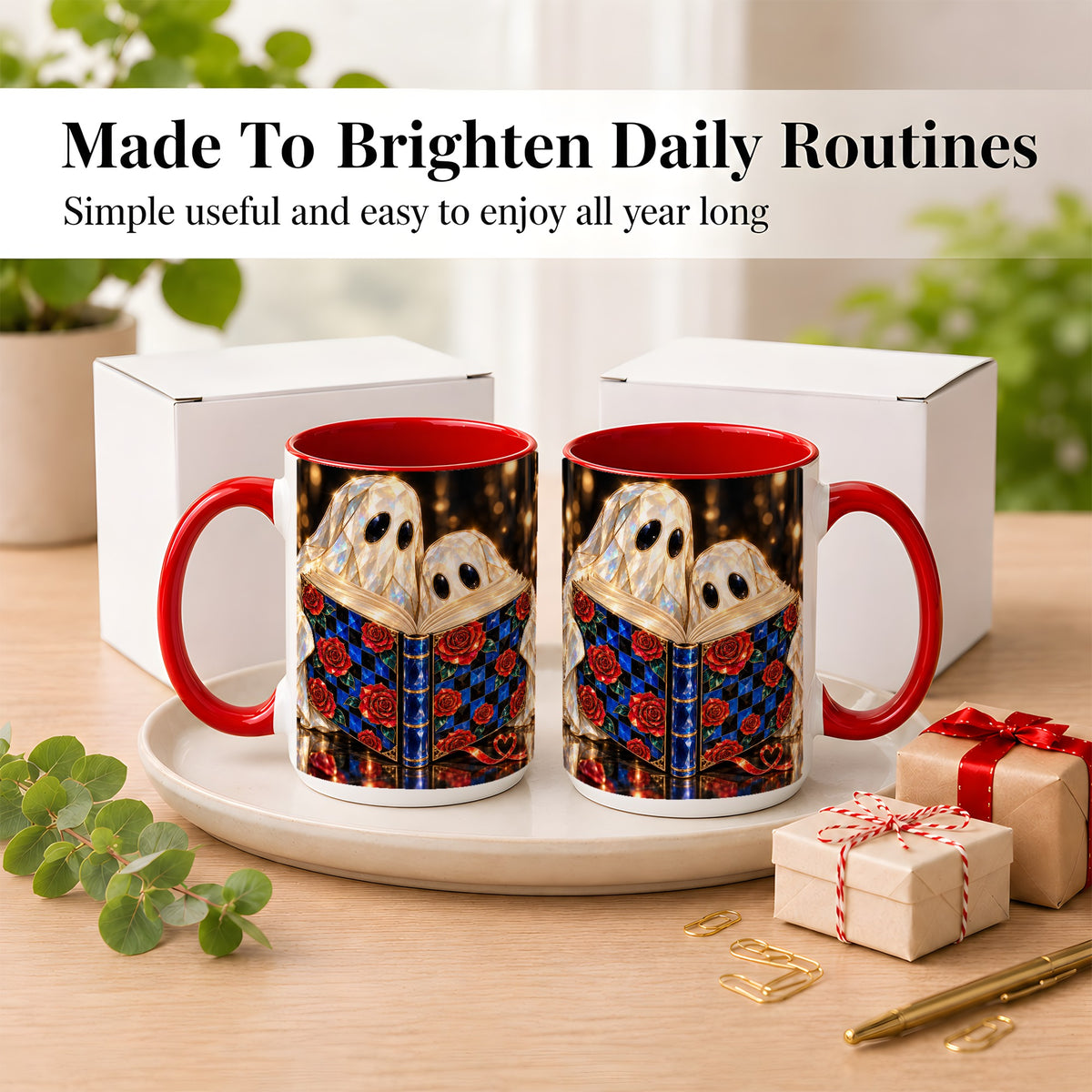 #pl[15oz|Red] Jewel Ghost Readers Coffee Mug, Rose Book Mug, Ceramic Cup