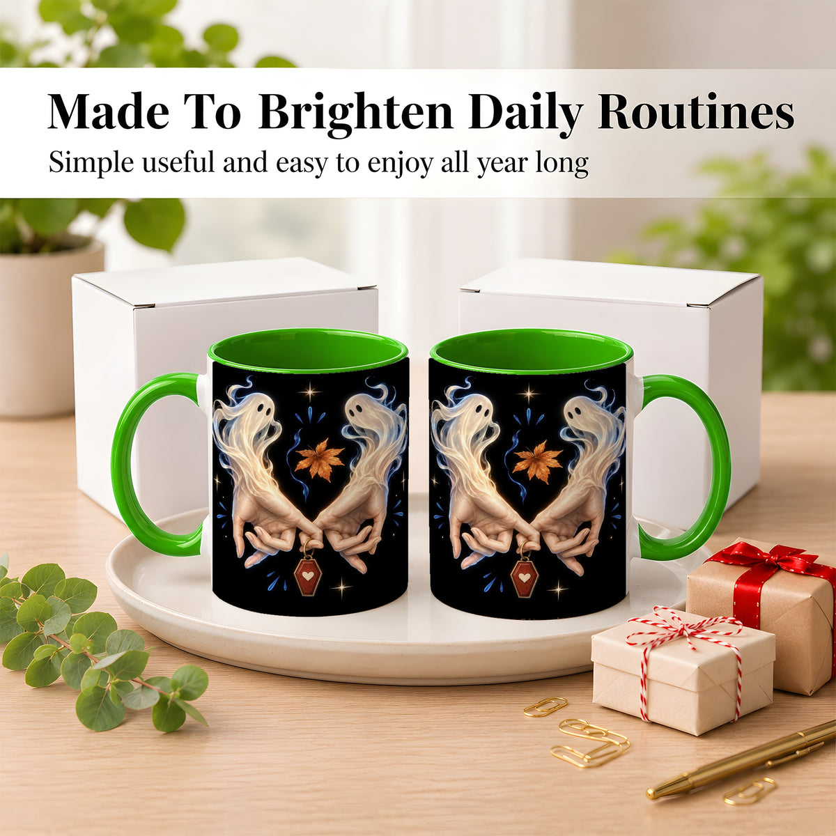 #pl[11oz|Green] Ghost Hands Coffee Mug, Autumn Spirit Mug, Ceramic Cup