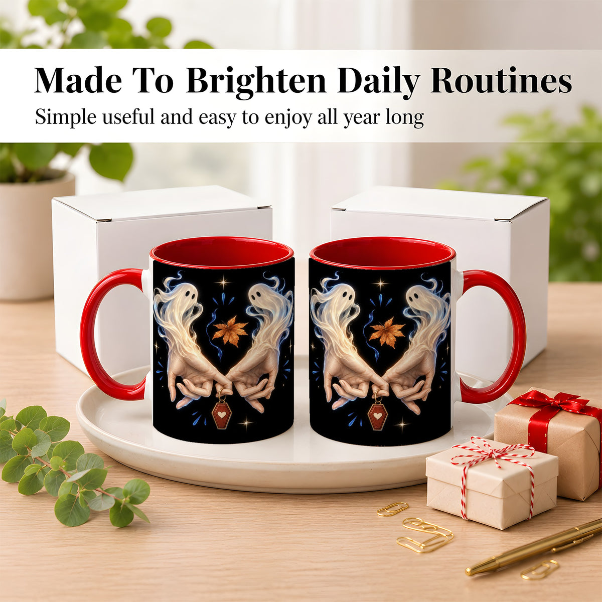 #pl[11oz|Red] Ghost Hands Coffee Mug, Autumn Spirit Mug, Ceramic Cup
