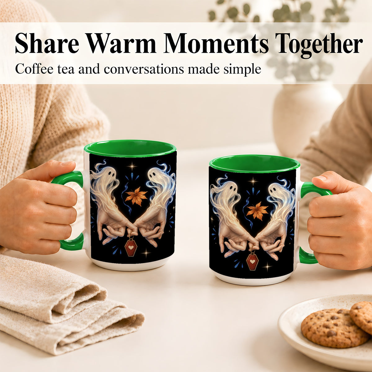 #pl[15oz|Green] Ghost Hands Coffee Mug, Autumn Spirit Mug, Ceramic Cup